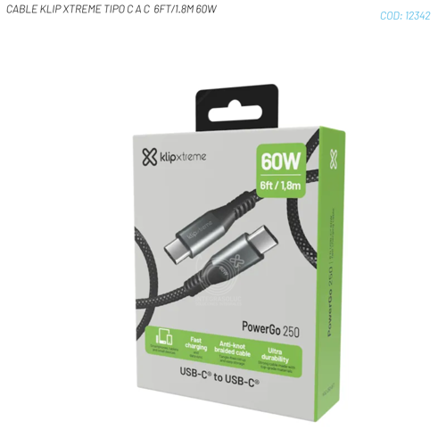 CABLE KLIP XTREME USB-C MACHO A USB-C MACHO 6 PIES (1.8M) CARGA RAPIDA 60W 480 MBPS
