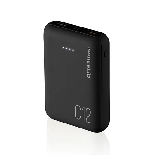 POWER BANK 12000MAH  | C12 | ARGOMTECH | 2 PUERTOS USB | BLANCO & NEGRO